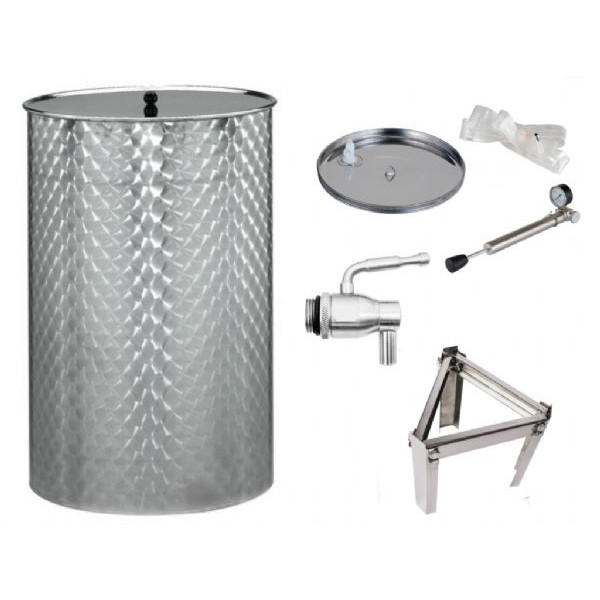 Butoi inox cu capac flotant si fund plan, 150L, inclus canea inox, suport butoi si capac anti-praf, TRE.I Italy