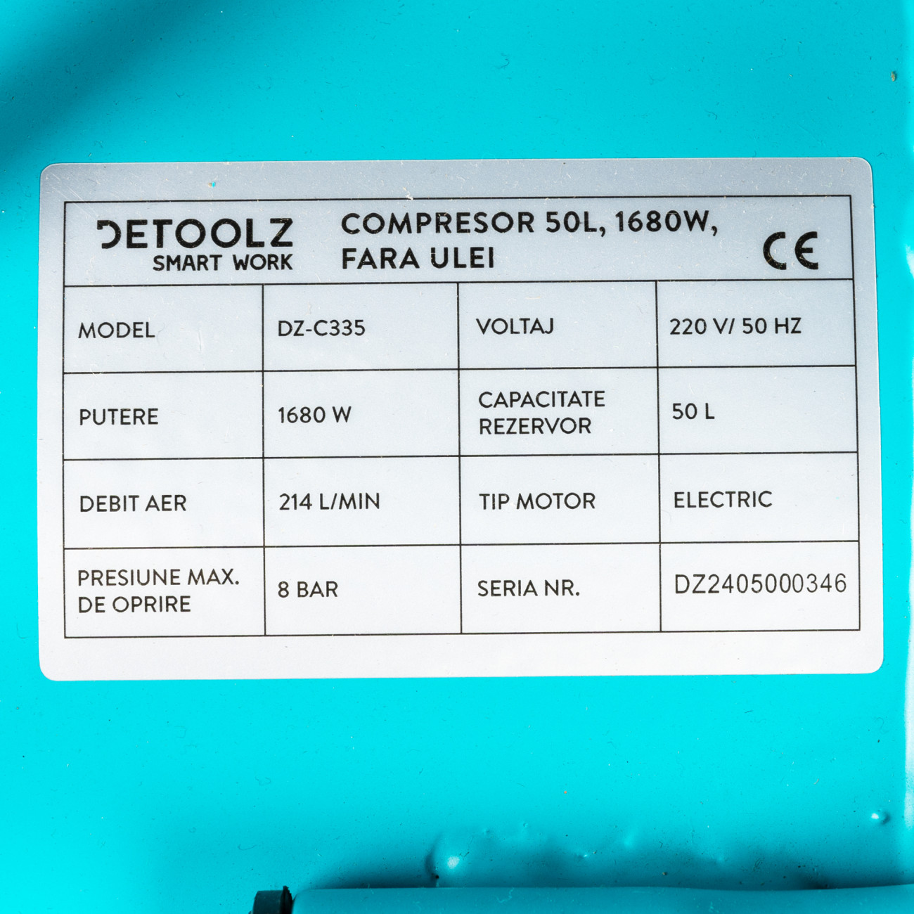 Compresor Detoolz 50L fara ulei, 1680 W, debit 214L/min, 8 bar, 2 prize de aer — imaginea 15