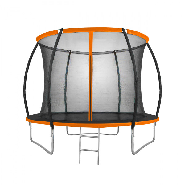 Trambulina pentru copii Mirpol, diametru 305cm, cu plasa exterioara si scara, capacitate 110 kg, negru/portocaliu