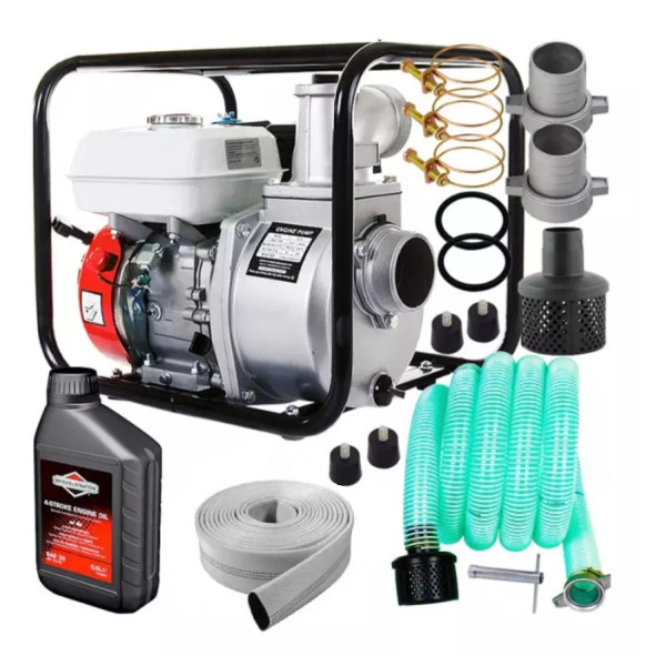 Set Motopompa apa 6.5CP, 3 toli, 1000 l/min, H-28m, furtun ref. 50m, furtun abs. 8m, Micul Fermier si Ulei Motor 4Timpi , Briggs & Stratton